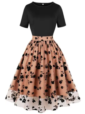 1950S Lace Semi-Sheer Flocking Printing Vintage Dress
