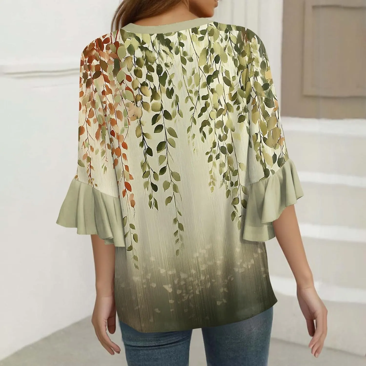 3/4 Length Sleeves Womens Tops - Floral Shirts Flowy Ruffle Sleeve Tops Half Button Down Shirt Summer V Neck Blouse