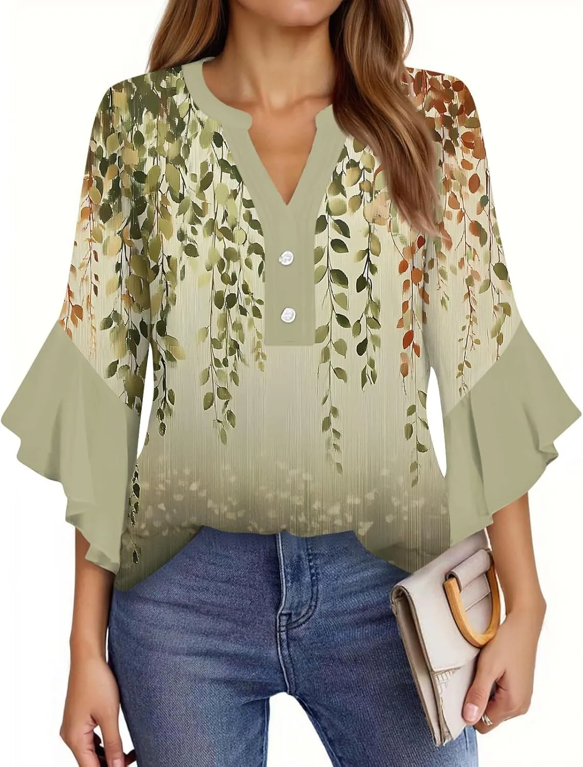 3/4 Length Sleeves Womens Tops - Floral Shirts Flowy Ruffle Sleeve Tops Half Button Down Shirt Summer V Neck Blouse