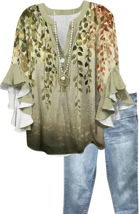 3/4 Length Sleeves Womens Tops - Floral Shirts Flowy Ruffle Sleeve Tops Half Button Down Shirt Summer V Neck Blouse