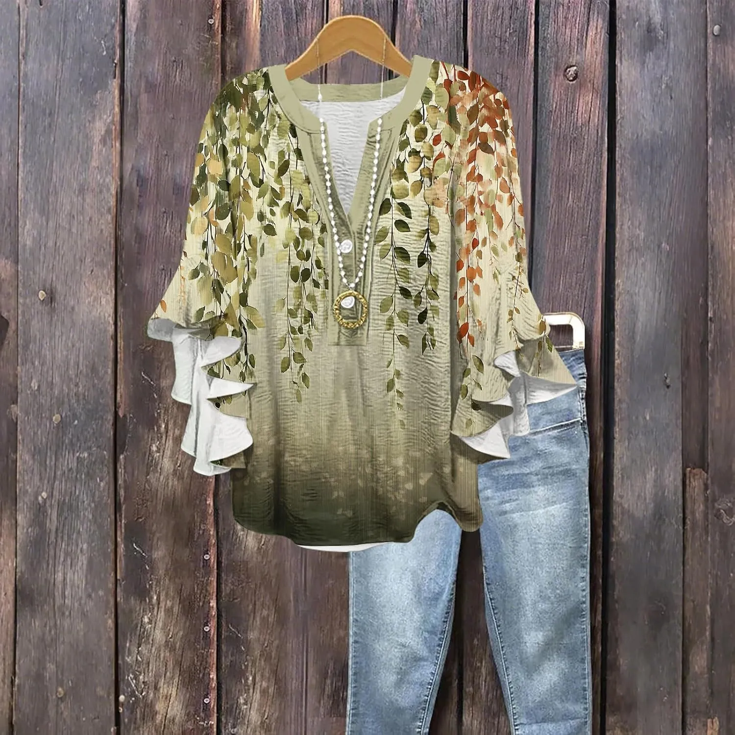 3/4 Length Sleeves Womens Tops - Floral Shirts Flowy Ruffle Sleeve Tops Half Button Down Shirt Summer V Neck Blouse