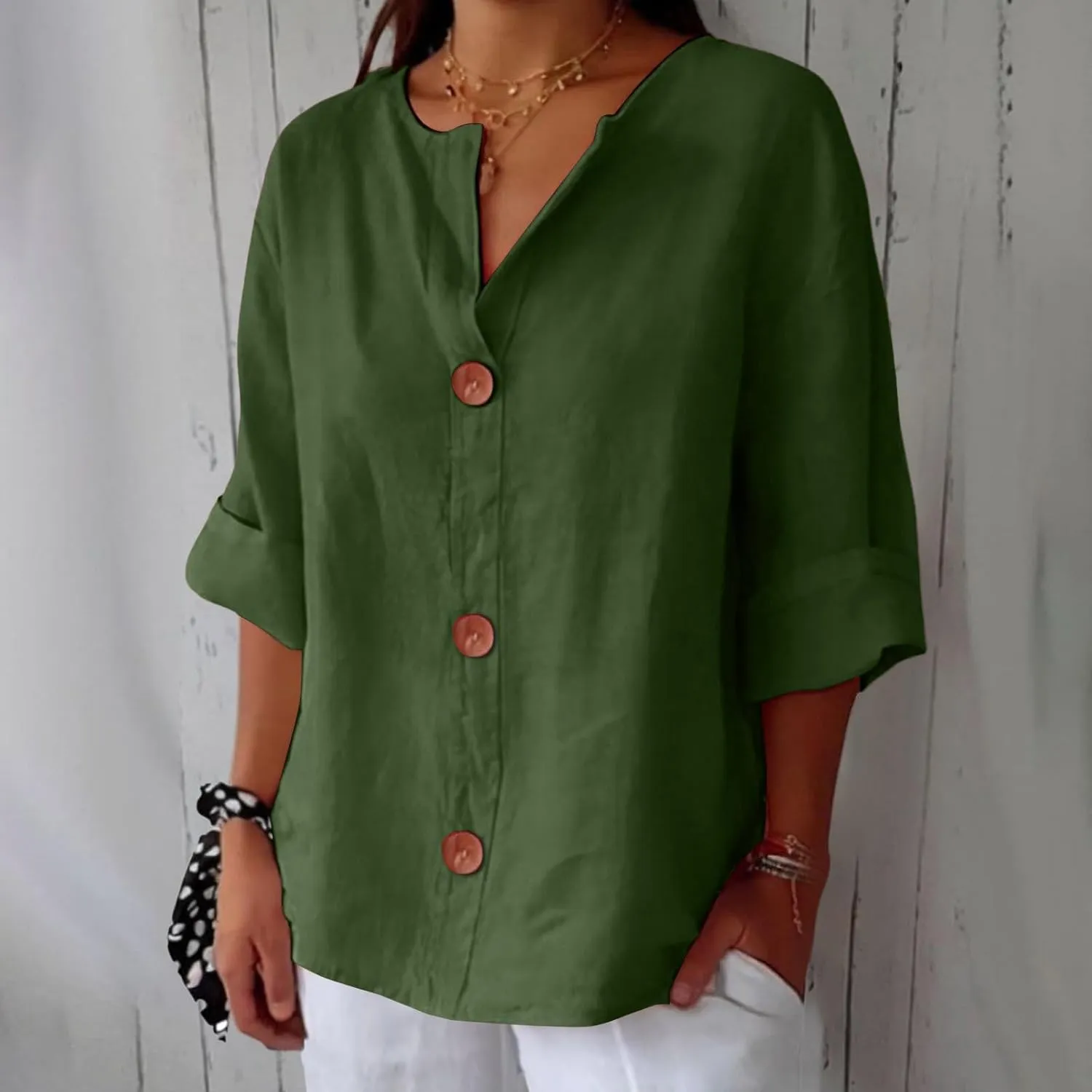 3/4 Sleeve Linen Shirts for Women 2025 Summer V Neck Loose Vacation Beach Blouses Casual Button Down Tunic Tops