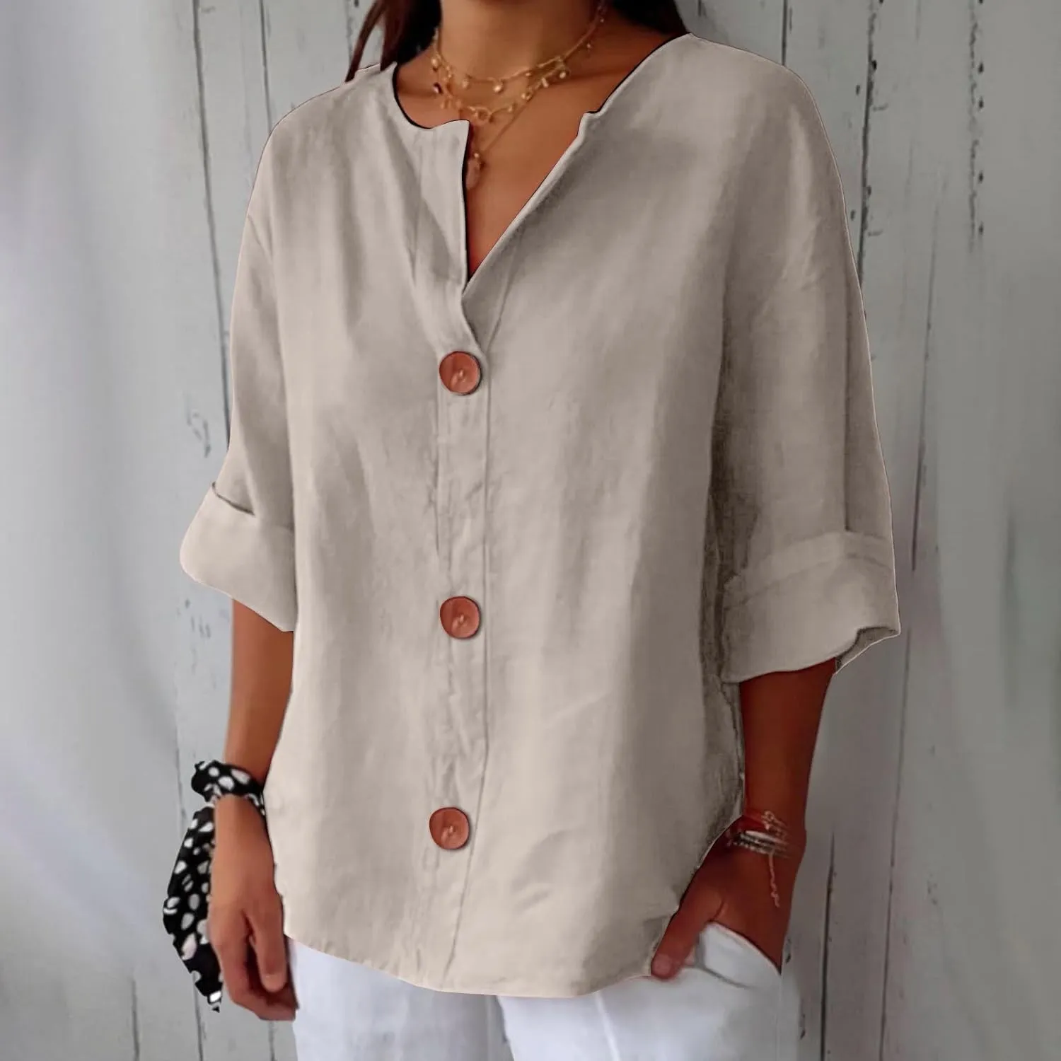 3/4 Sleeve Linen Shirts for Women 2025 Summer V Neck Loose Vacation Beach Blouses Casual Button Down Tunic Tops