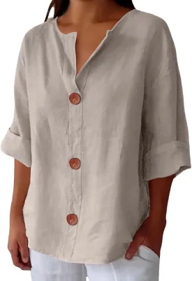 3/4 Sleeve Linen Shirts for Women 2025 Summer V Neck Loose Vacation Beach Blouses Casual Button Down Tunic Tops