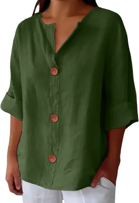 3/4 Sleeve Linen Shirts for Women 2025 Summer V Neck Loose Vacation Beach Blouses Casual Button Down Tunic Tops