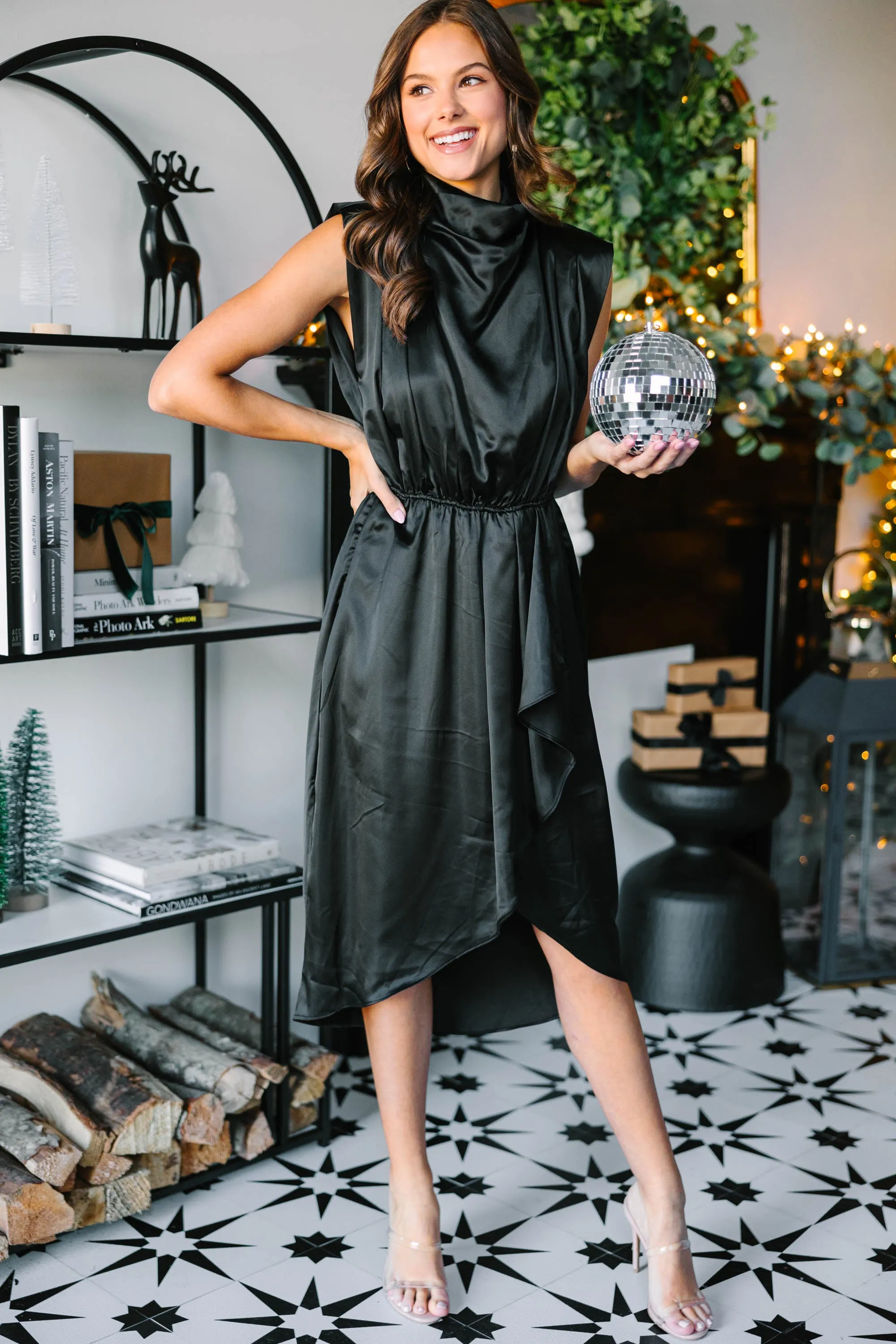 All Eyes On You Black Satin Midi Dress