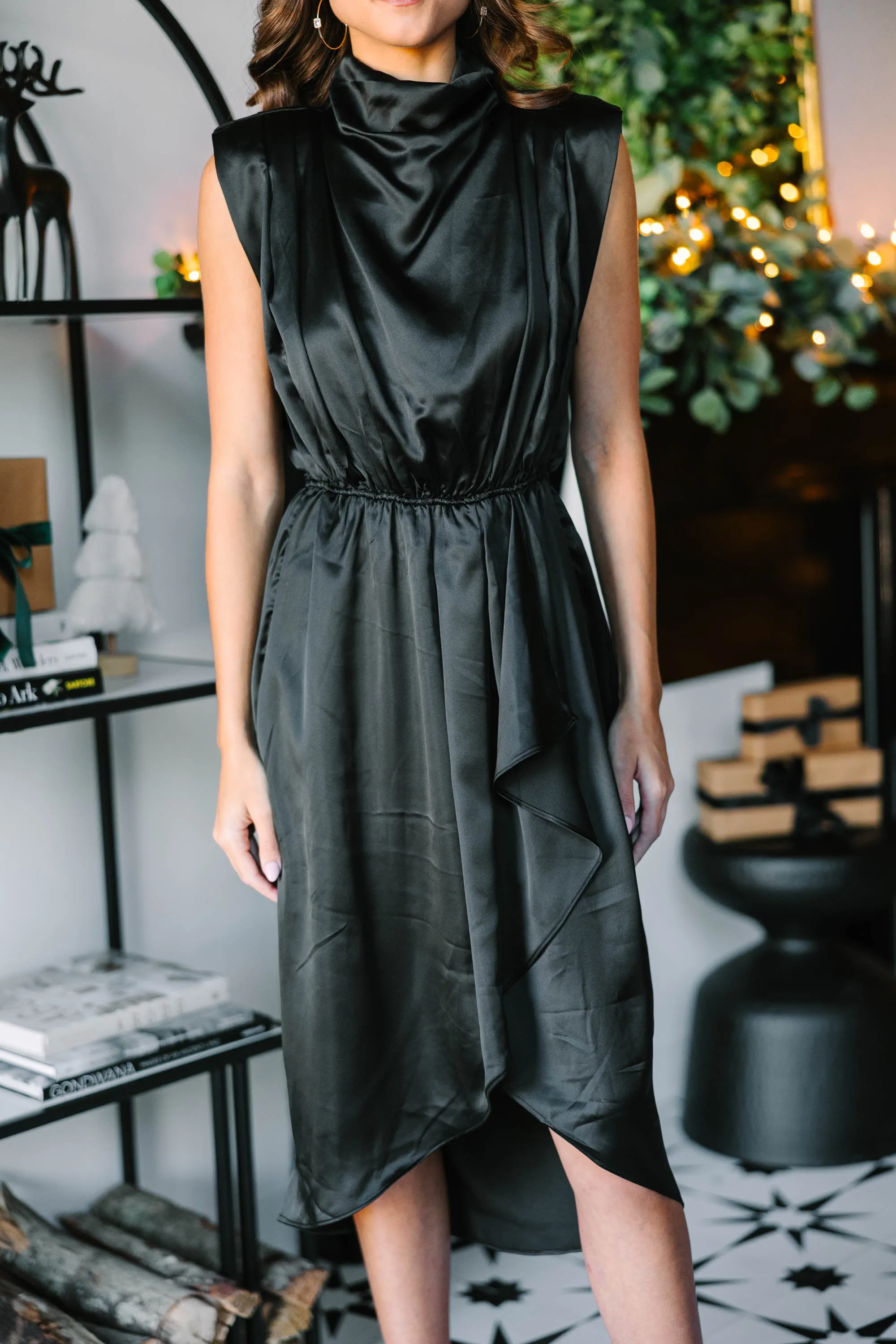 All Eyes On You Black Satin Midi Dress