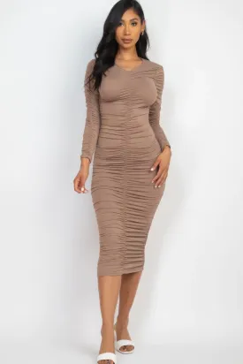 Alpha C Apparel Ruched Long Sleeve Midi Dress
