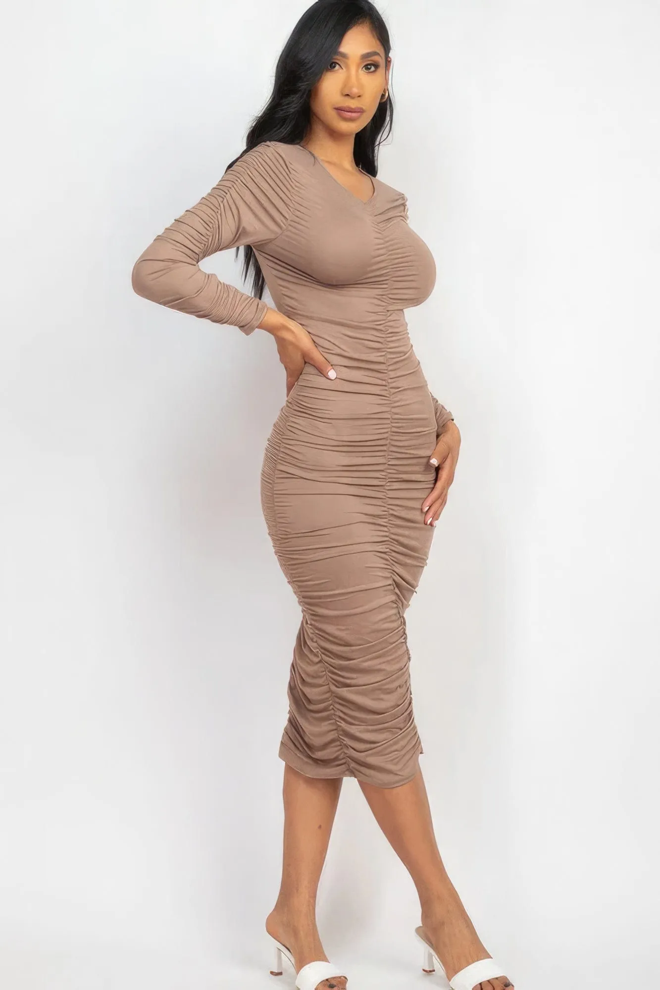 Alpha C Apparel Ruched Long Sleeve Midi Dress