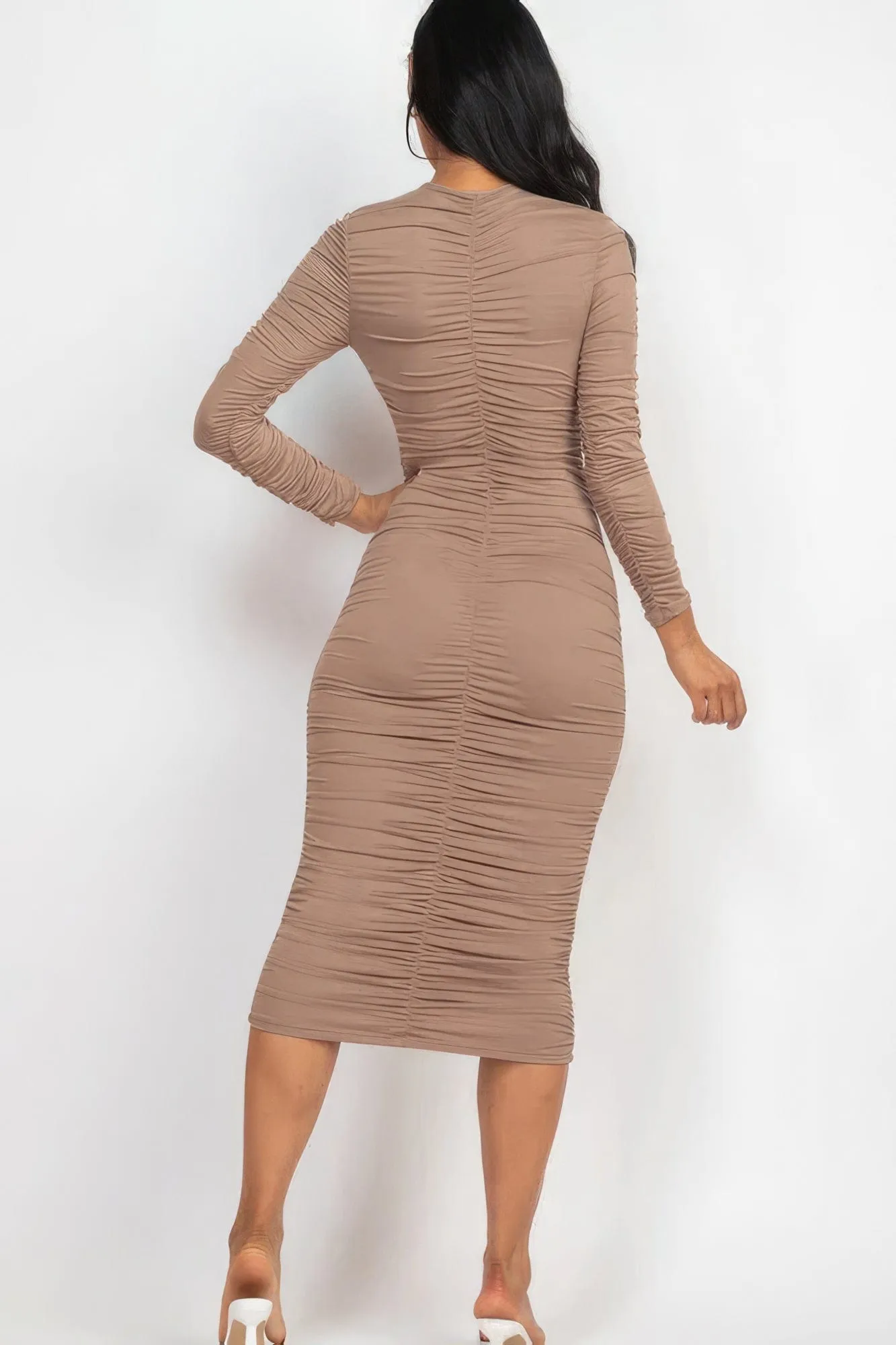 Alpha C Apparel Ruched Long Sleeve Midi Dress