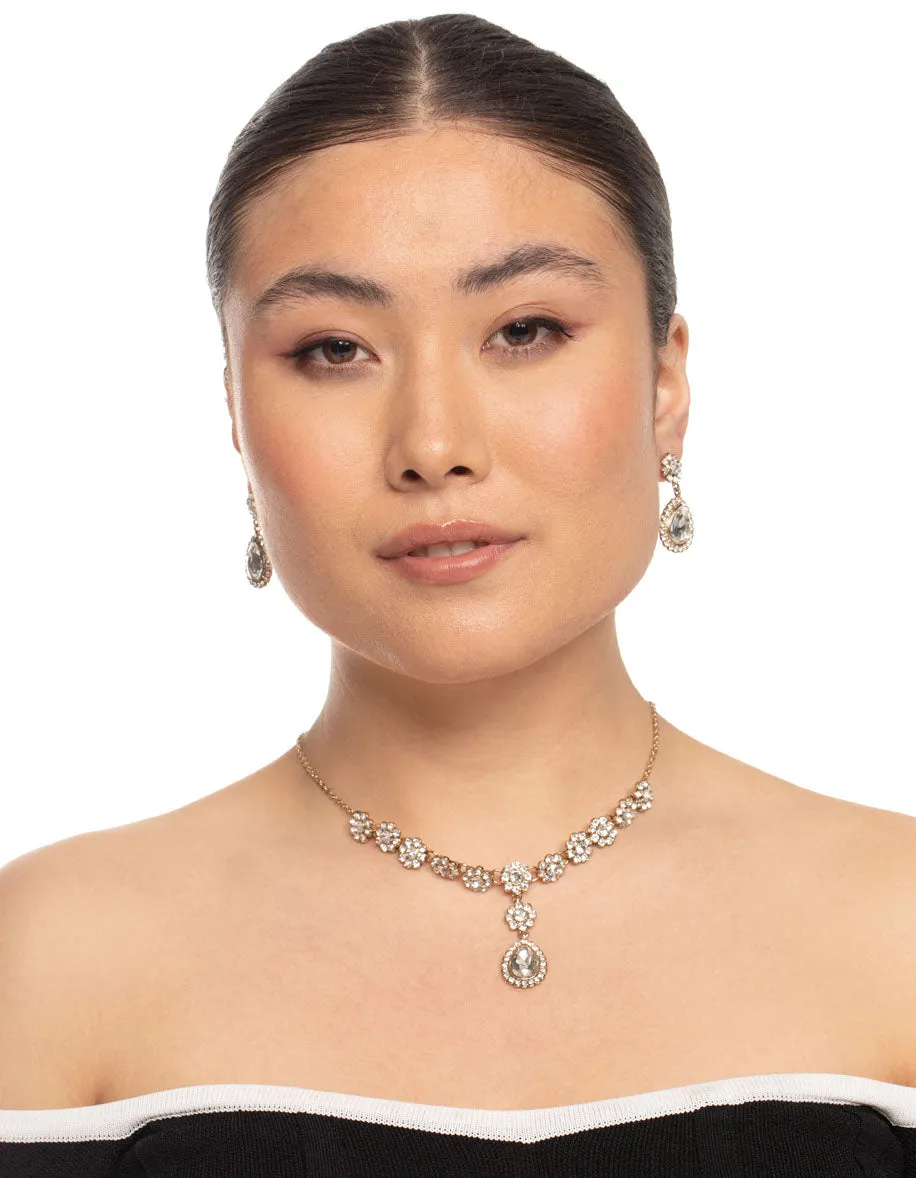 Antique Gold Diamante Flower Earring & Necklace Set