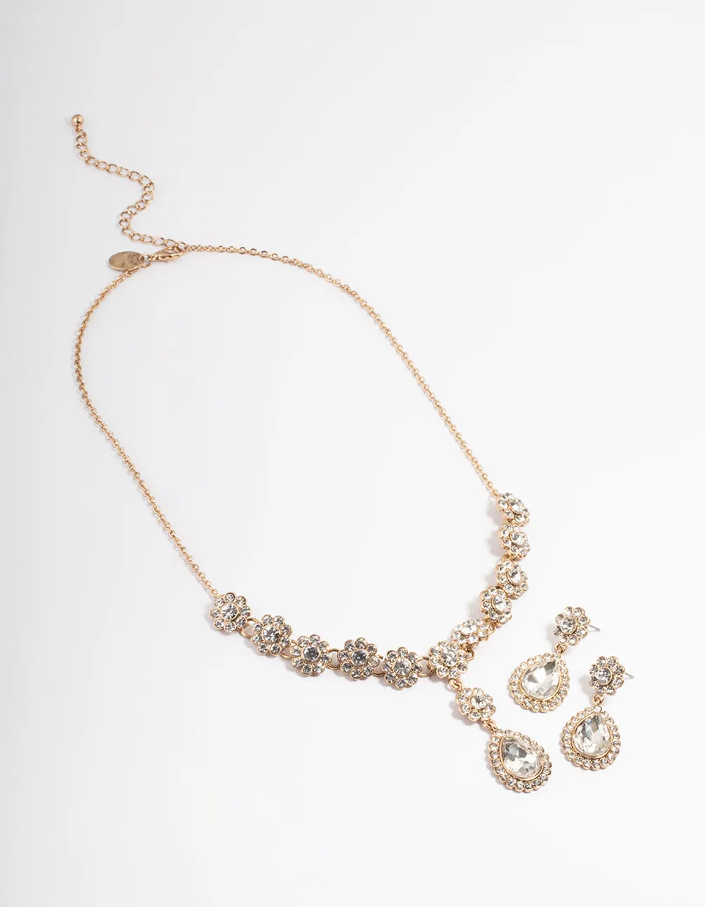 Antique Gold Diamante Flower Earring & Necklace Set