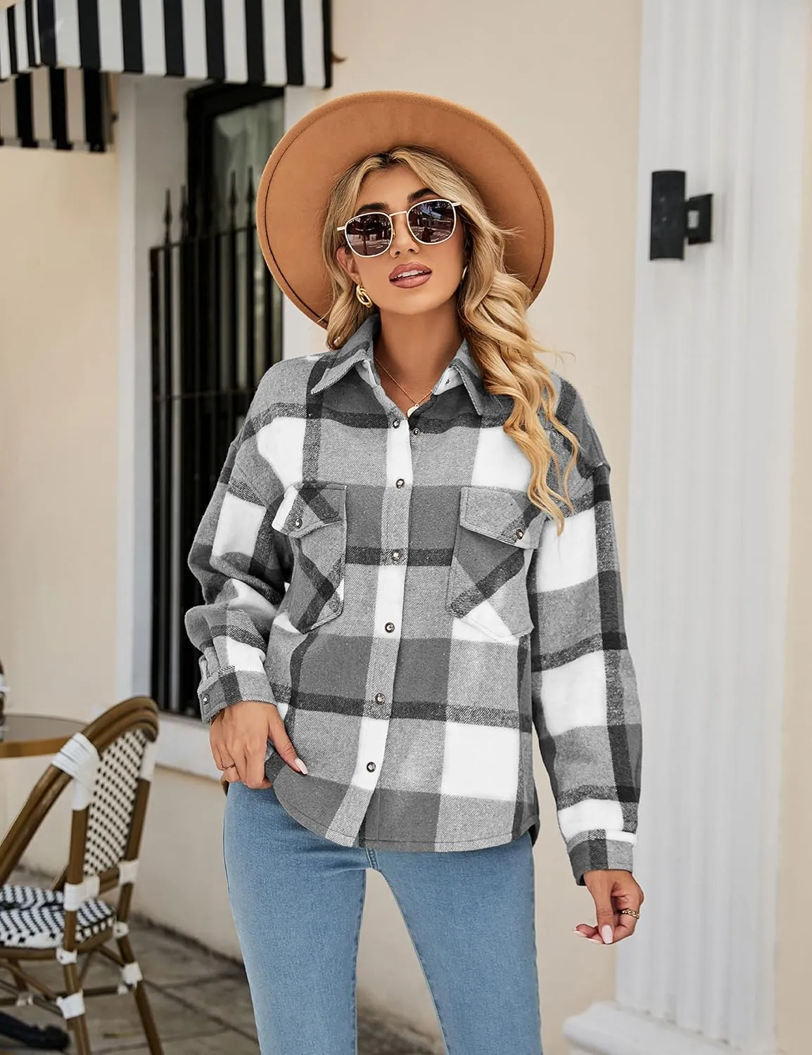 APAFES Women's Winter Warm Sherpa Fleece Lined Jacket Fuzzy Flannel Plaid Shacket Shirt Coats (All Sherpa Lining)