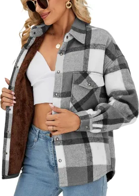 APAFES Women's Winter Warm Sherpa Fleece Lined Jacket Fuzzy Flannel Plaid Shacket Shirt Coats (All Sherpa Lining)