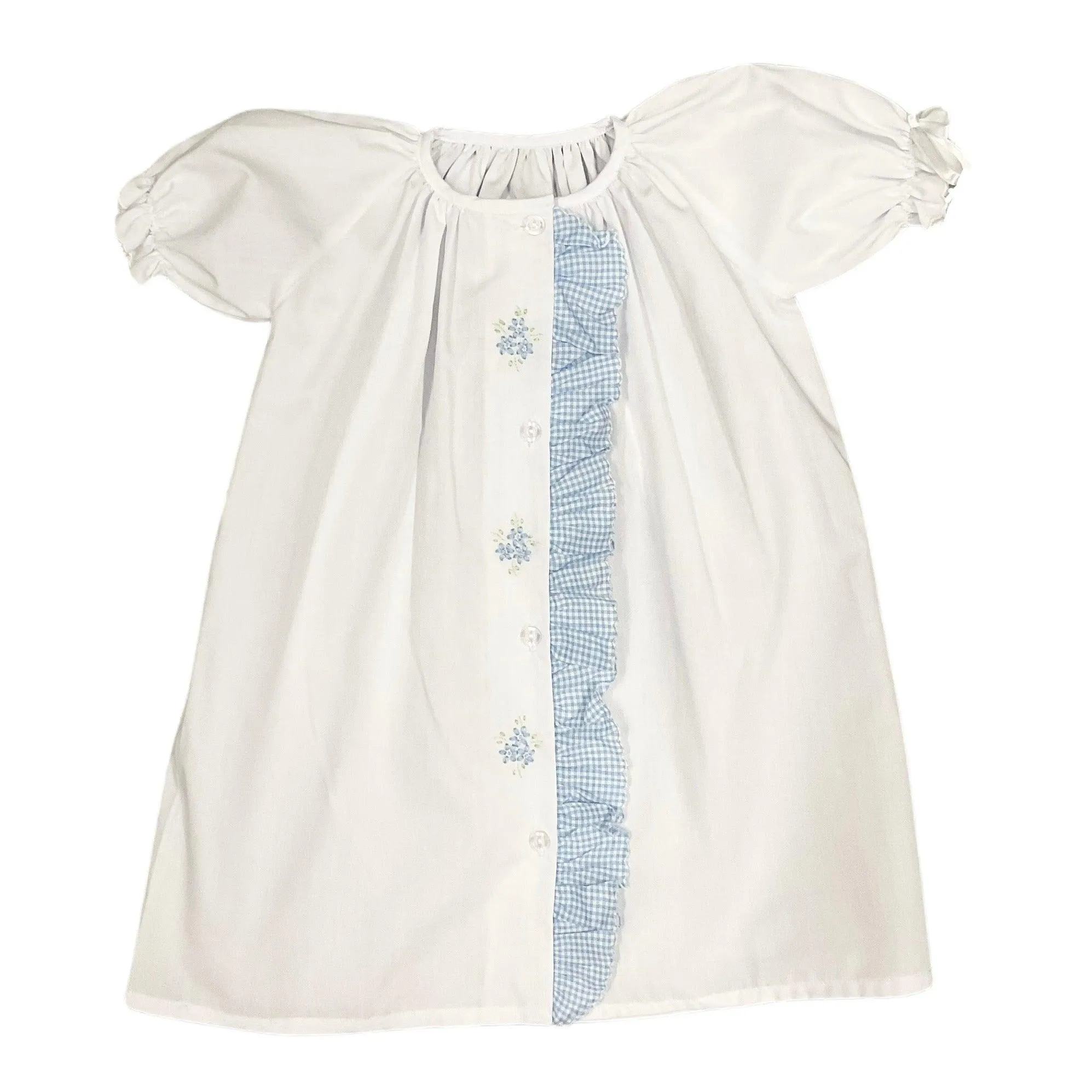 Auraluz Blue Check Ruffle Daygown with Satin Flower Embroidery