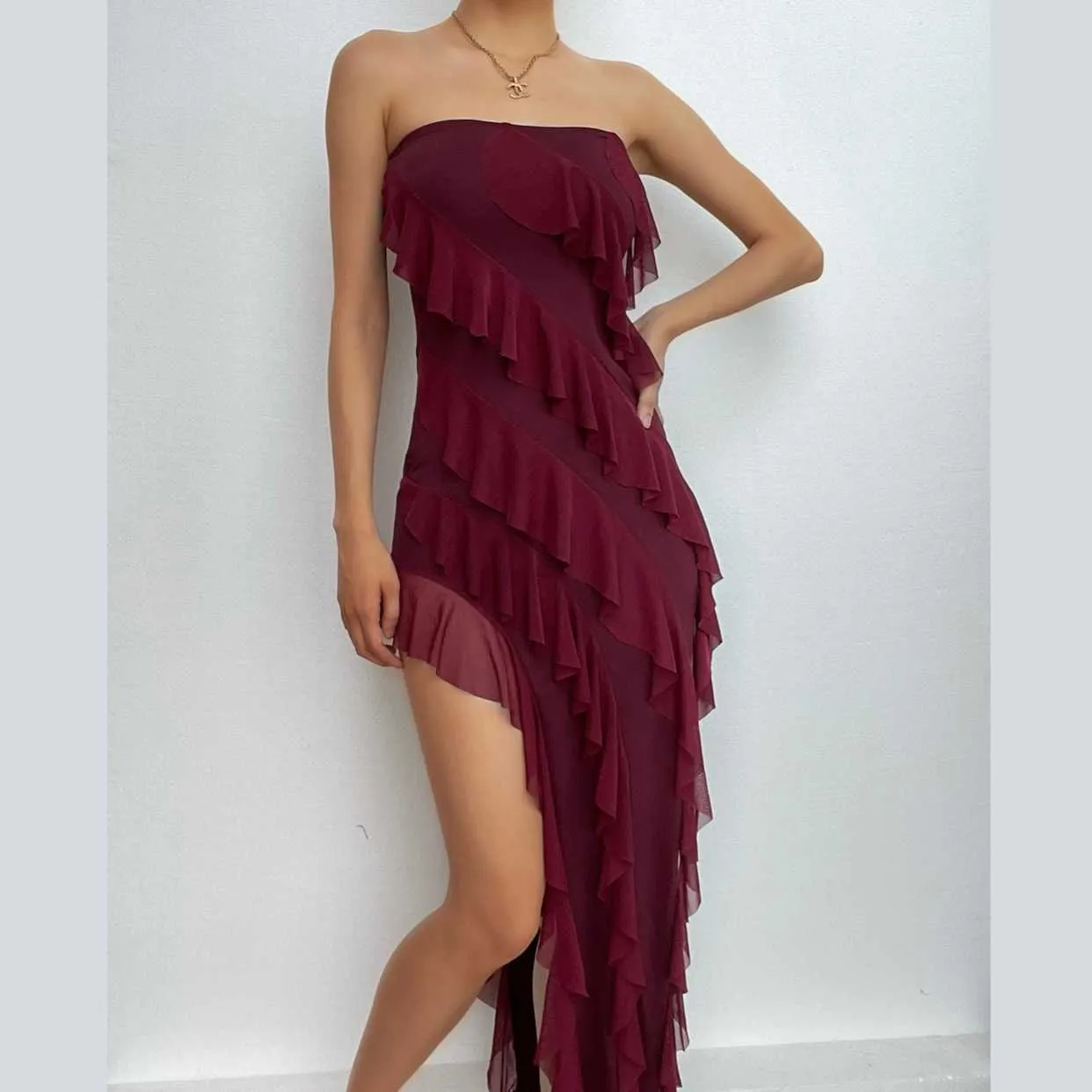 BerriesJam - Backless Solid Ruffle Slit Tube Midi Dress