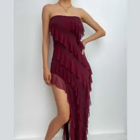 BerriesJam - Backless Solid Ruffle Slit Tube Midi Dress