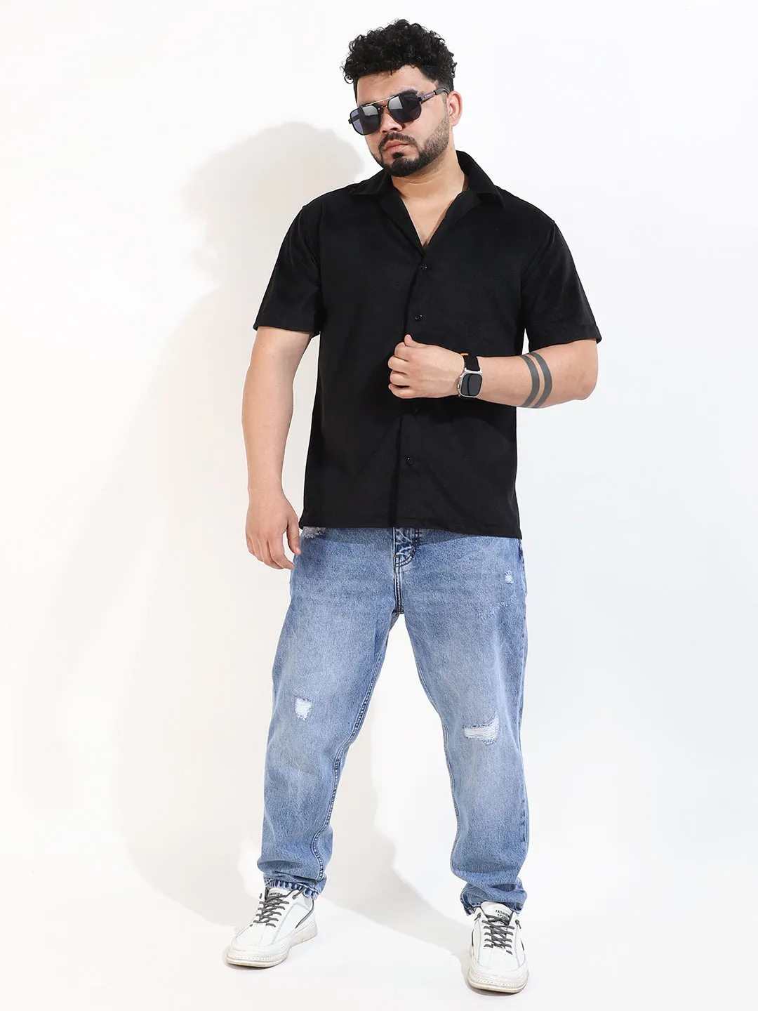 Black Corduroy Velvet Half Sleeve Shirt