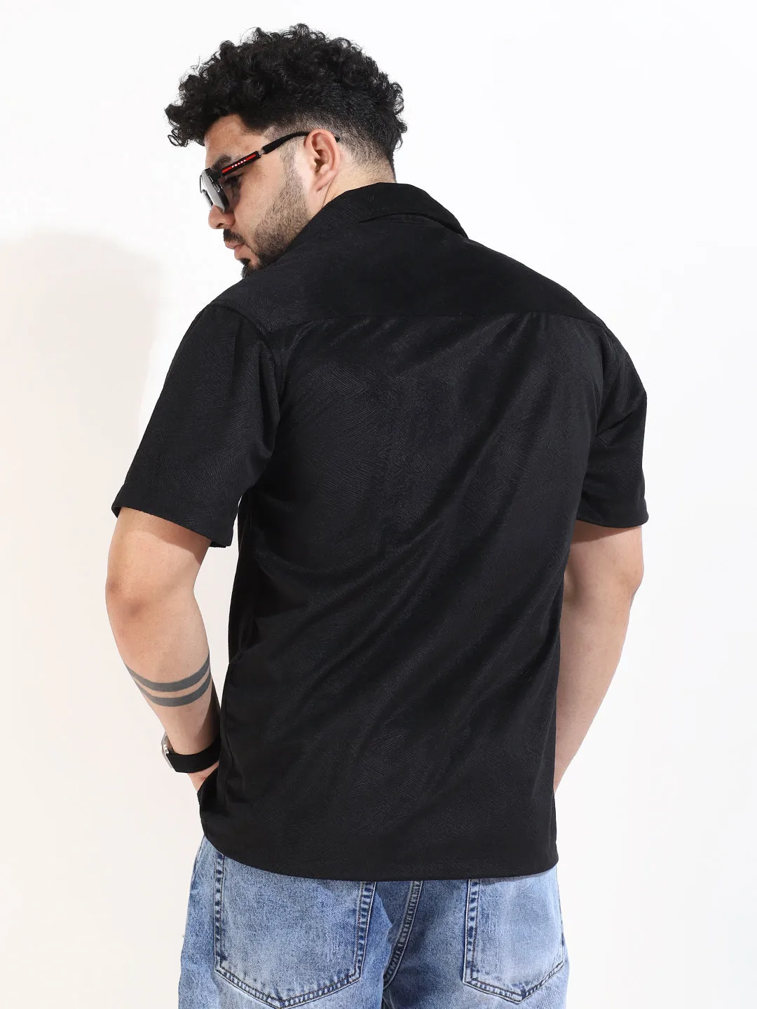 Black Corduroy Velvet Half Sleeve Shirt