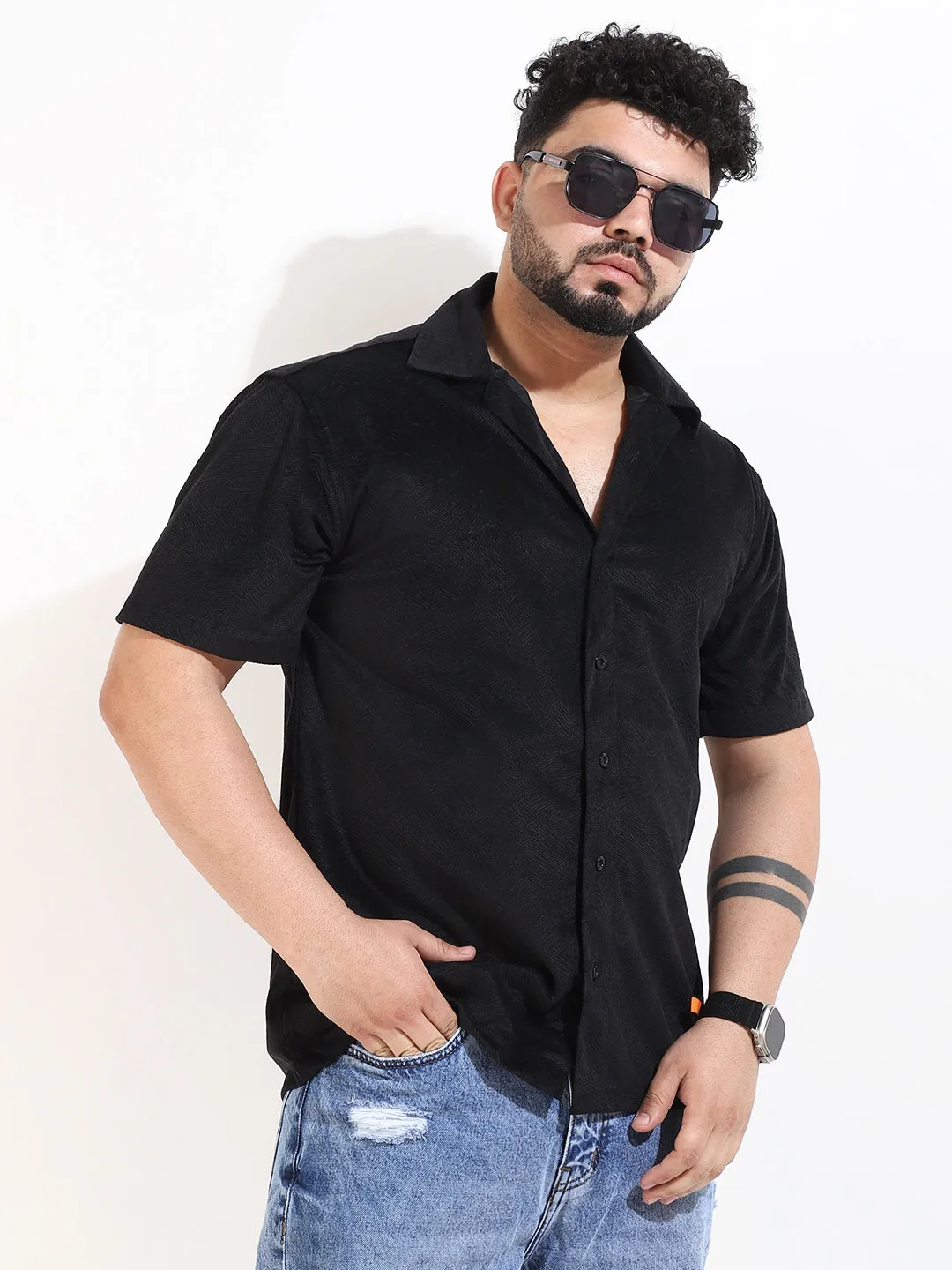 Black Corduroy Velvet Half Sleeve Shirt