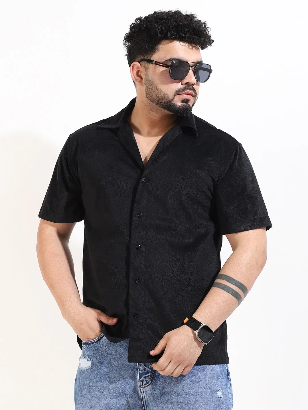 Black Corduroy Velvet Half Sleeve Shirt