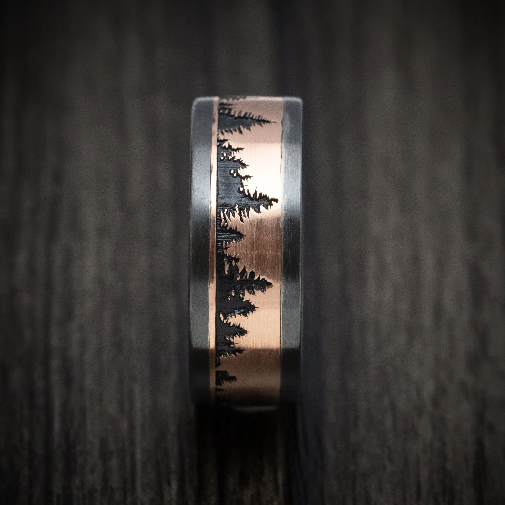 Black Titanium and Gold Spruce Pine Tree Design Men's Ring with Wood Sleeve