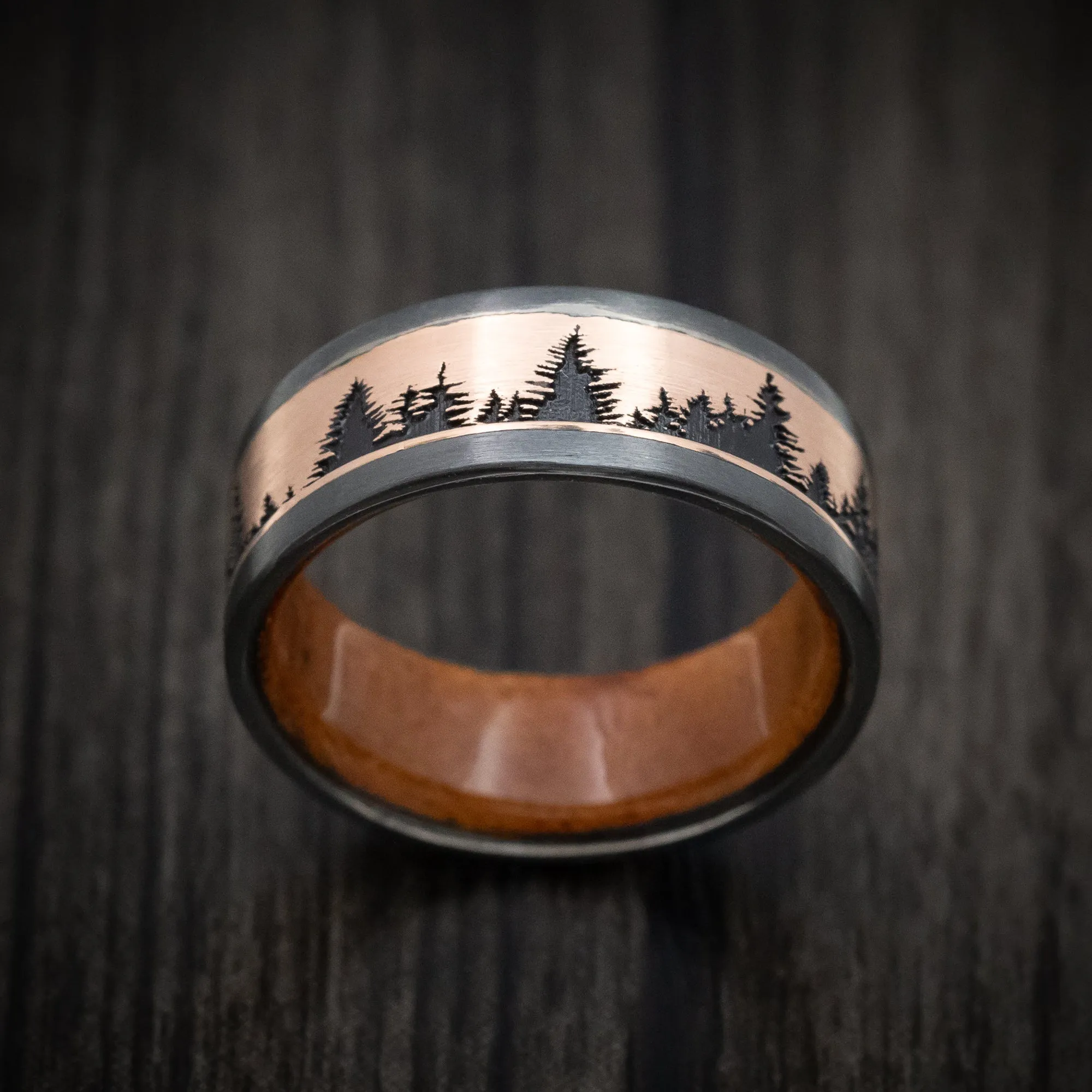 Black Titanium and Gold Spruce Pine Tree Design Men's Ring with Wood Sleeve