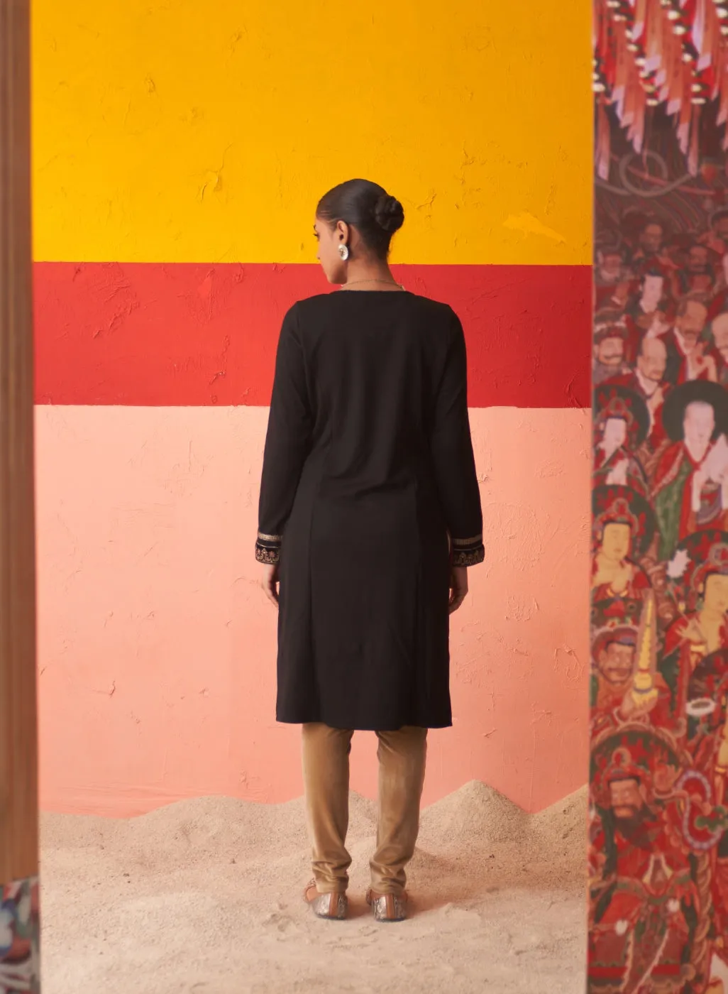 Black Women’s Woollen Kurti with Embroidered Yoke and Button Detailing on Cuffs