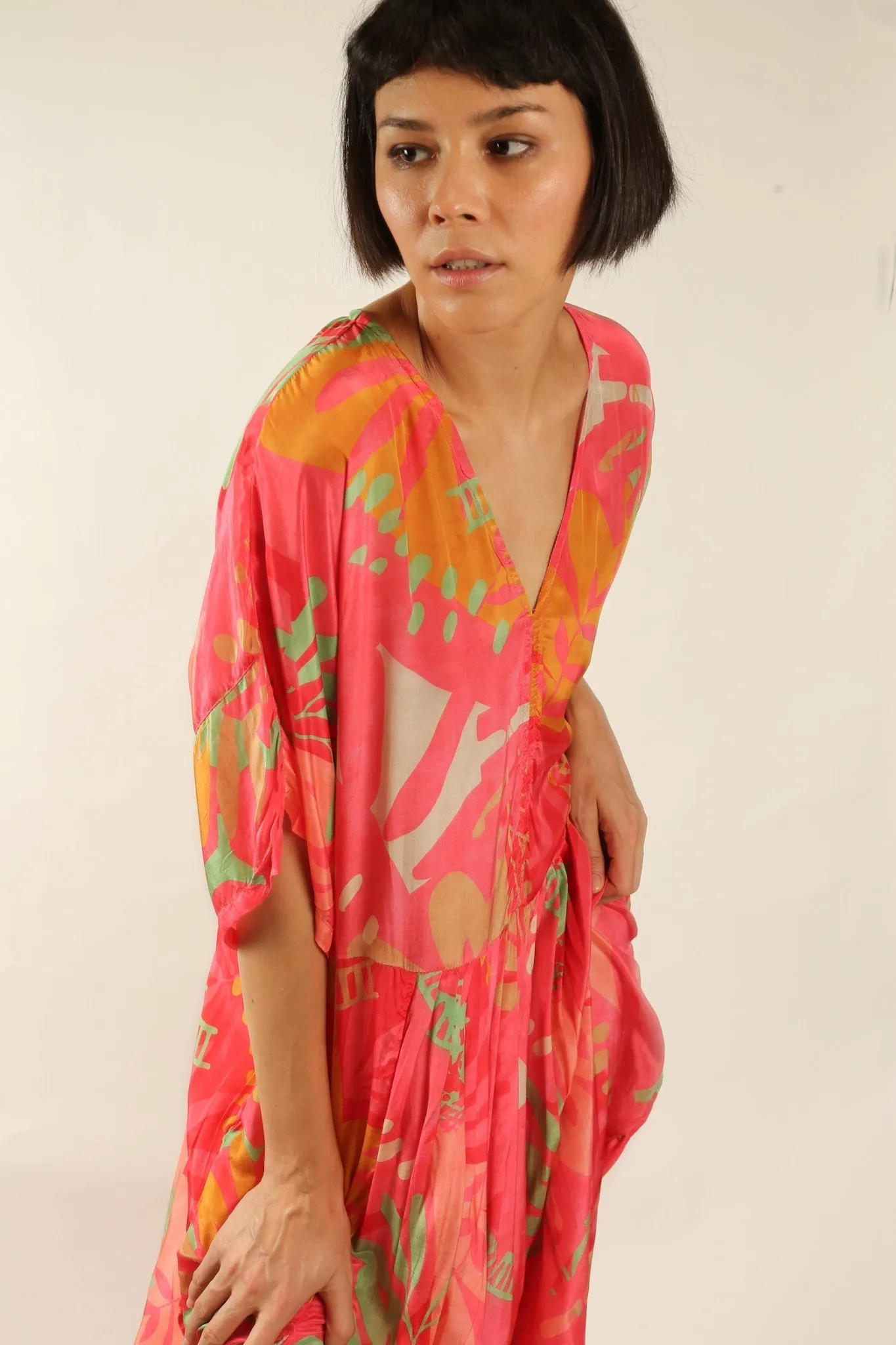 BLOCK PRINT SILK KAFTAN DRESS LIA
