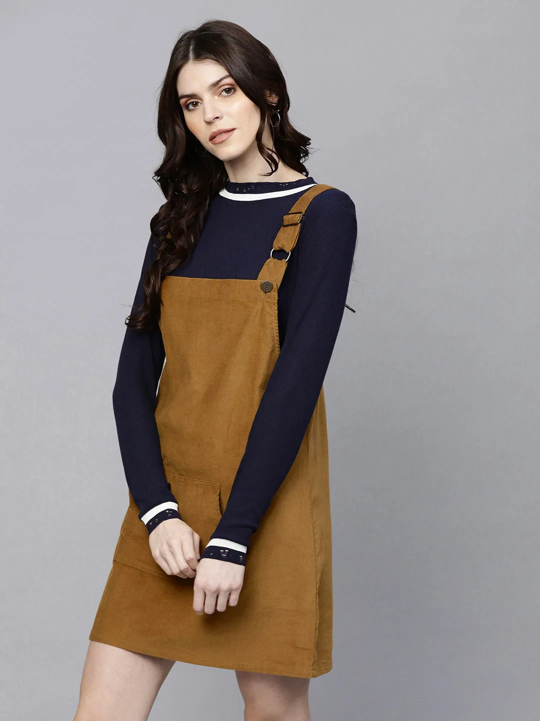 Brown Kangaroo Pocket Corduroy Pinafore