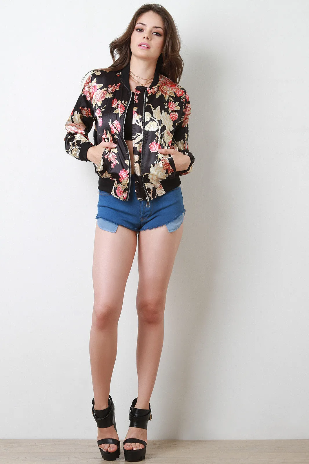 Charmeuse Floral Zip Accent Bomber Jacket