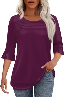 ChicCrate 3/4 Length Sleeve Womens Tops Dressy Casual Shirts Front Pleated Fasion Trendy 2025 Summer Blouses