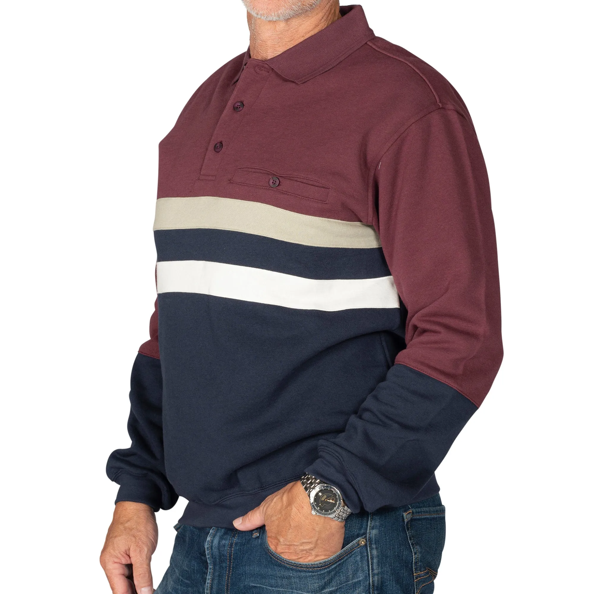 Classics by Palmland Horizontal Stripes Long Sleeve Banded Bottom Shirt 6198-210 Burgundy