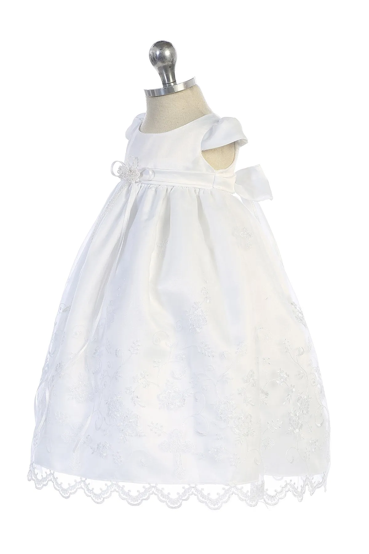 Cross Embroidered Christening Baby Gown with Matching Bonnet