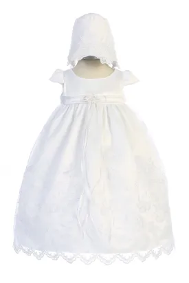 Cross Embroidered Christening Baby Gown with Matching Bonnet