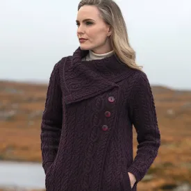 Damson Long Aran Cardigan with Oversized Collar