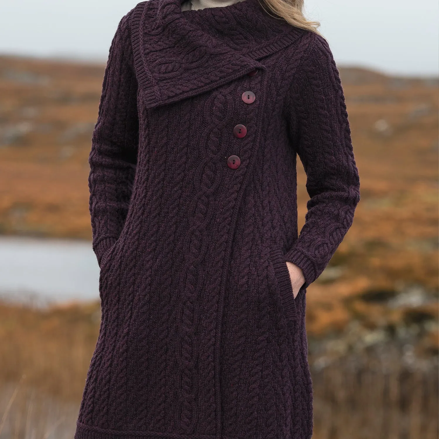 Damson Long Aran Cardigan with Oversized Collar