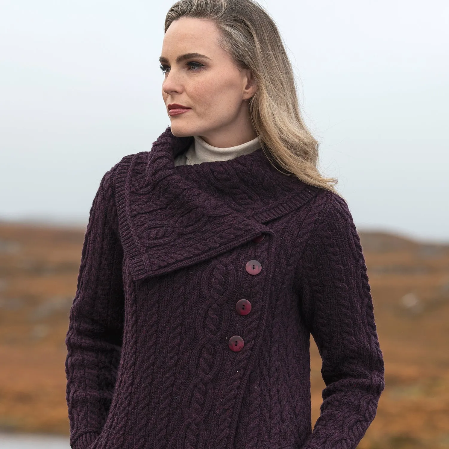 Damson Long Aran Cardigan with Oversized Collar