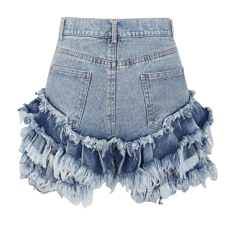 Distressed Frayed Detail Tiered Ruffle Trim High Waist Denim Shorts