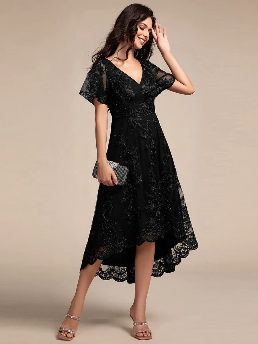 Embroidered Mesh Double V-Neck Short Sleeves Midi Wedding Guest Dress