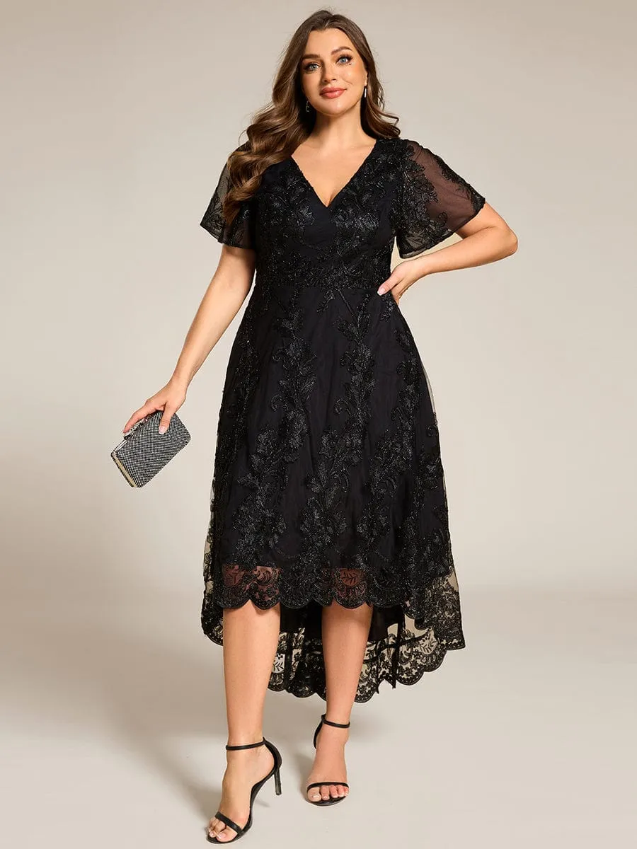 Embroidered Mesh Double V-Neck Short Sleeves Midi Wedding Guest Dress