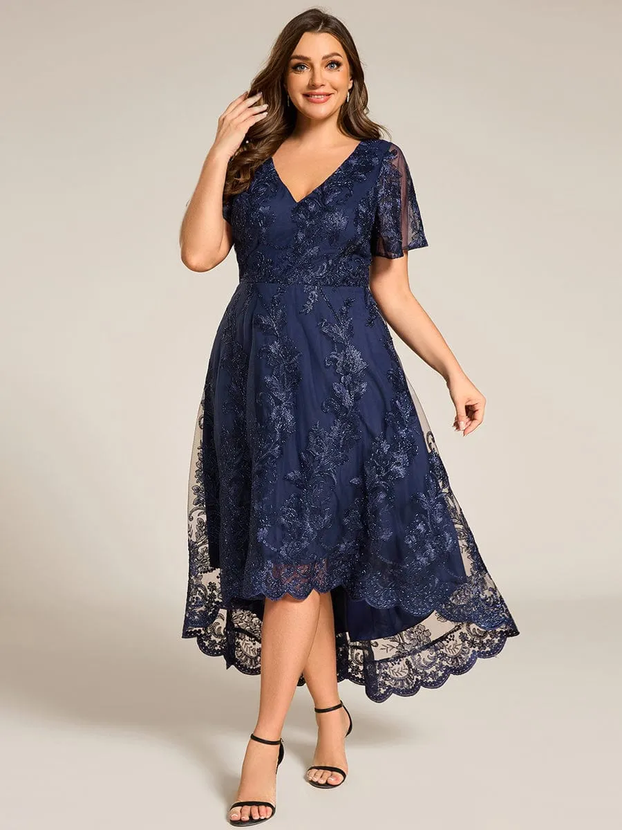 Embroidered Mesh Double V-Neck Short Sleeves Midi Wedding Guest Dress