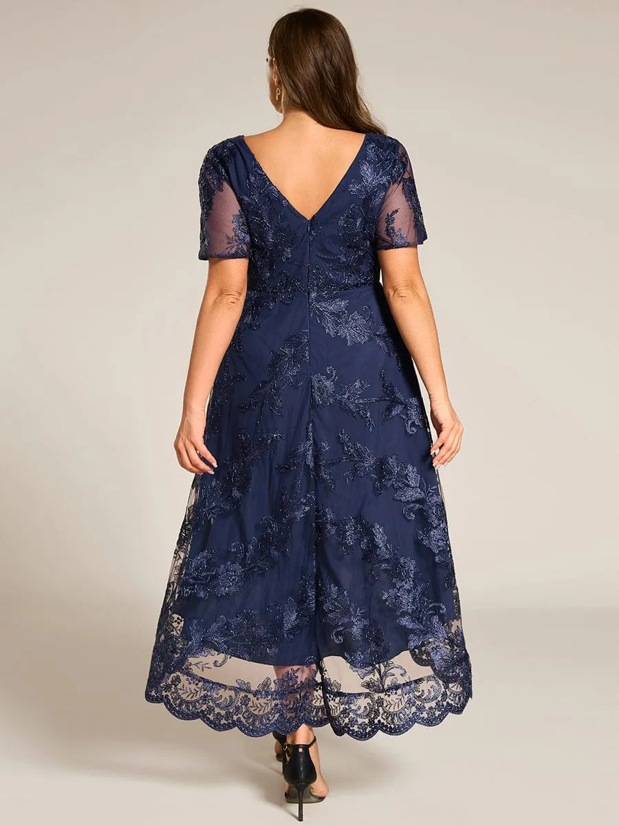 Embroidered Mesh Double V-Neck Short Sleeves Midi Wedding Guest Dress