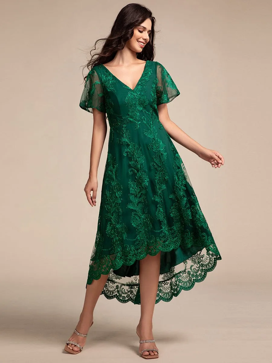 Embroidered Mesh Double V-Neck Short Sleeves Midi Wedding Guest Dress