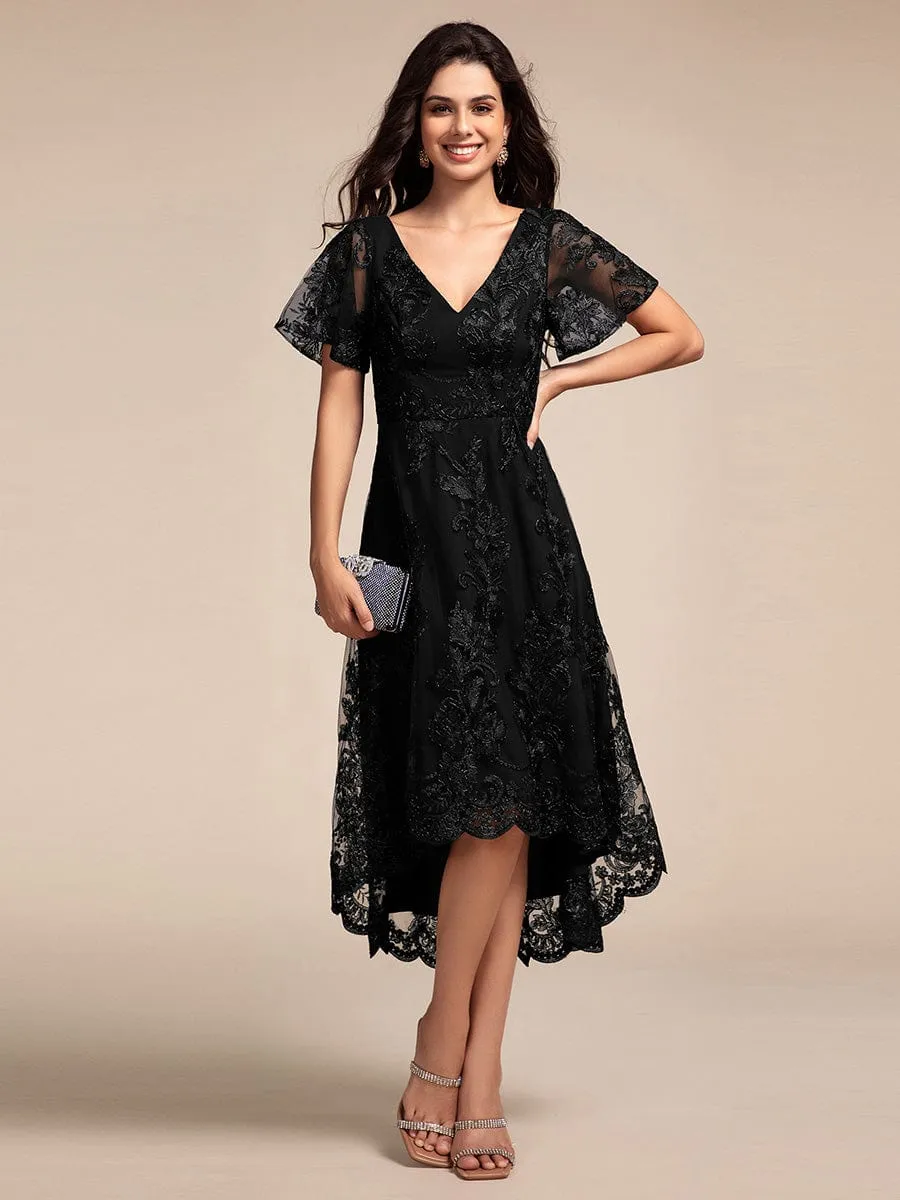 Embroidered Mesh Double V-Neck Short Sleeves Midi Wedding Guest Dress
