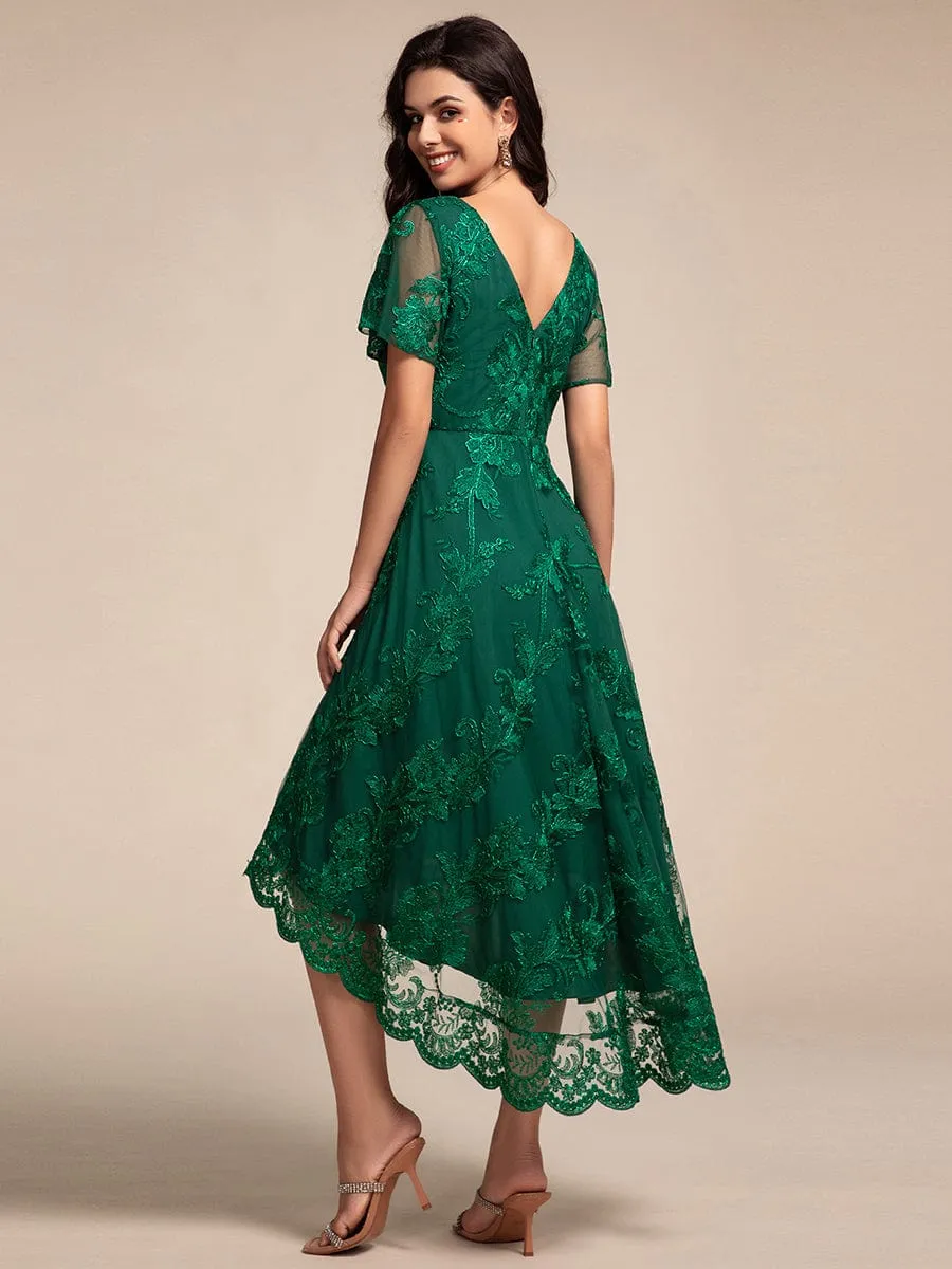 Embroidered Mesh Double V-Neck Short Sleeves Midi Wedding Guest Dress