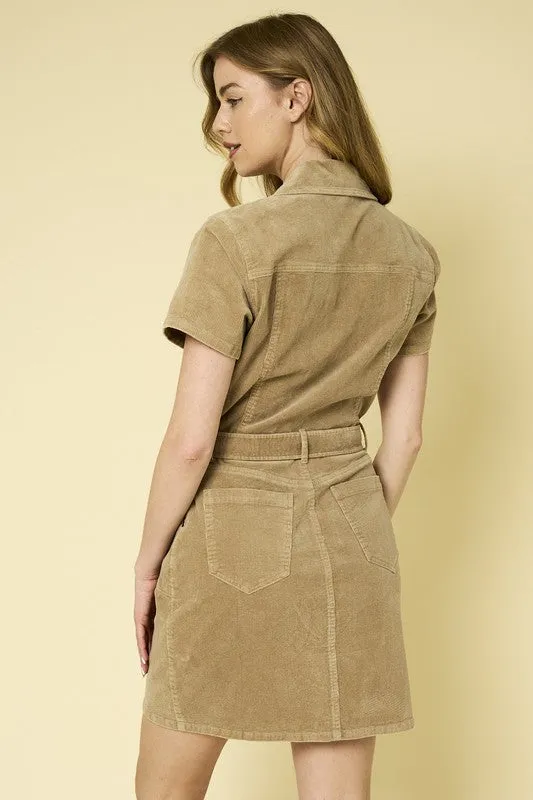 EVADNE HALF SLEEVE WASHED CORDUROY UTILITY DRESS
