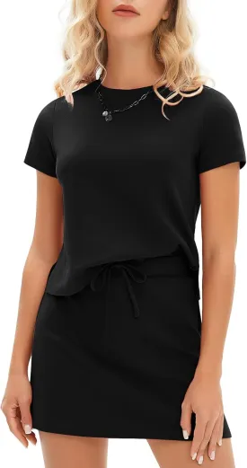 EXLURA Womens Summer 2 Piece Short Skirt Sets Short Sleeve Tshirt Matching Tennis Skort Dressy Cotton Travel Vacation Outfits