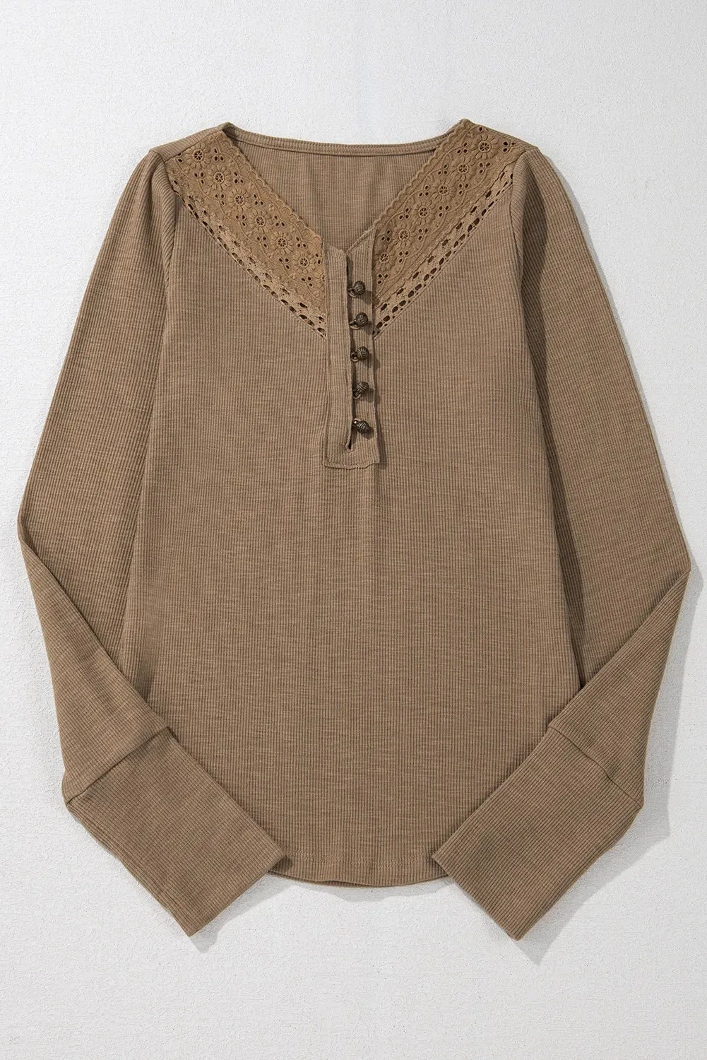 Eyelet V-Neck Long Sleeve Top