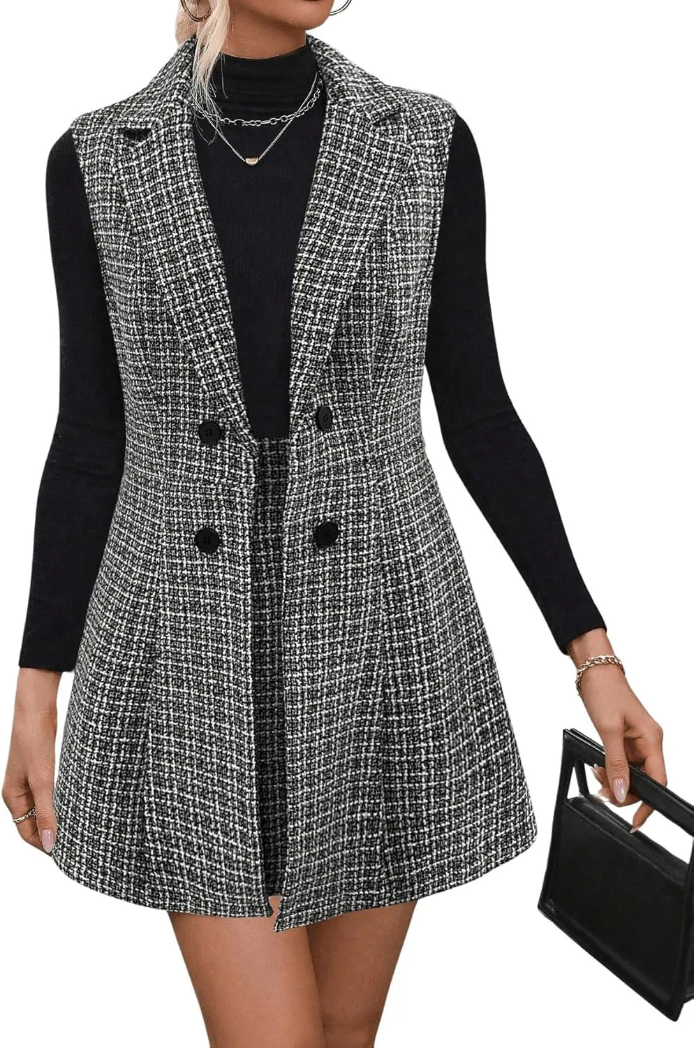Floerns Women's 2 Piece Outfit Workwear Plaid Print Lapel Neck Vest Blazer and Skirt Set